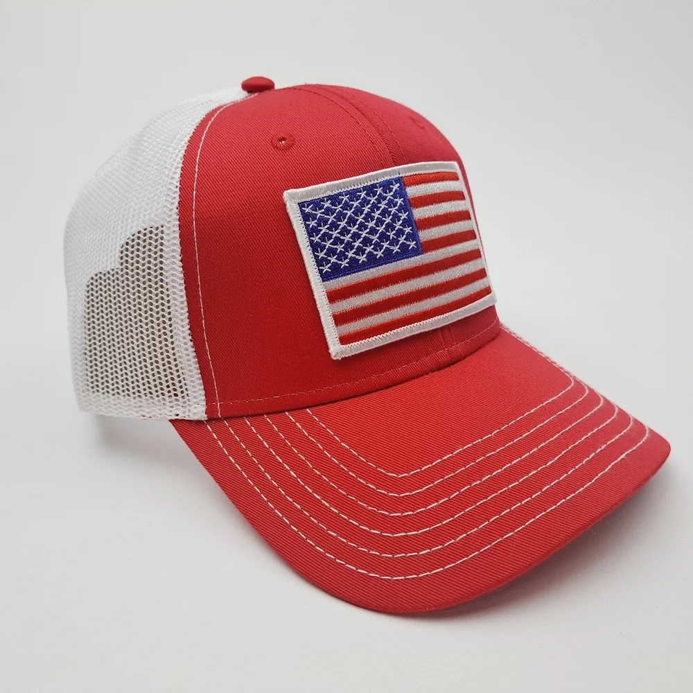 USA American Flag Embroidered Patch Trucker Mesh Snapback Cap Hat Red